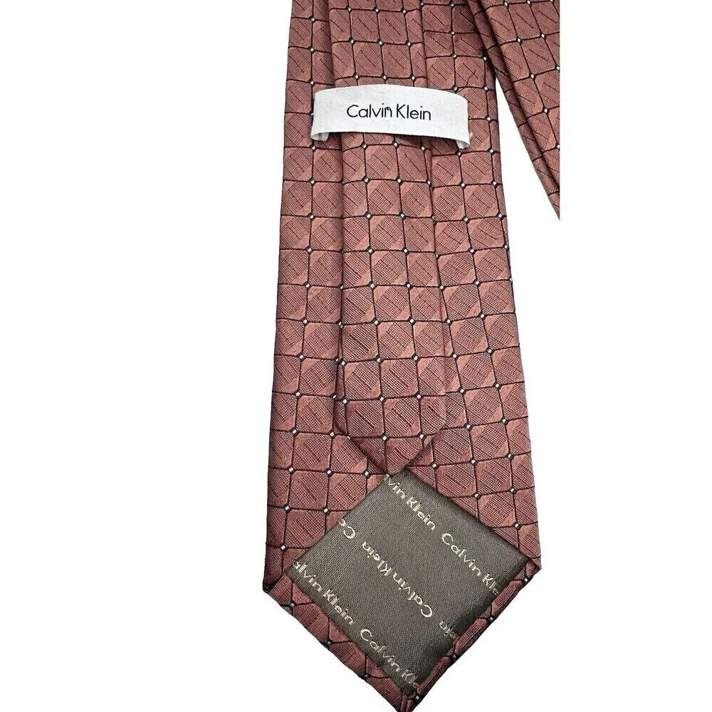 Calvin Klein mens long classic tie marron geometric  plaid chocolate brown